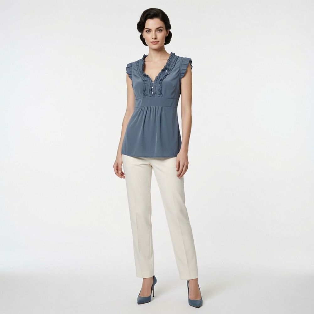 Venus Women's Size 14 Blue Gray Metallic Ruffle Collar Short Sleeve Top